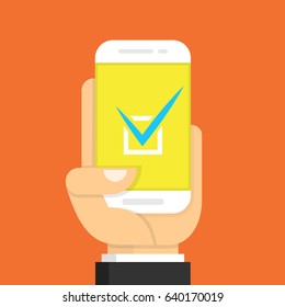 Check list button on smartphone screen. One hand holds smartphone and finger touch screen. Flat cartoon style. Vector illustration.
