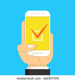 Check list button on smartphone screen. One hand holds smartphone and finger touch screen. Flat cartoon style. Vector illustration.