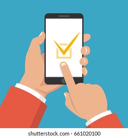 Check list button on smartphone screen. One hand holds smartphone and finger touch screen. Flat cartoon style. Vector illustration.
