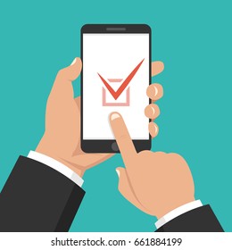 Check list button on smartphone screen. One hand holds smartphone and finger touch screen. Flat cartoon style. Vector illustration.