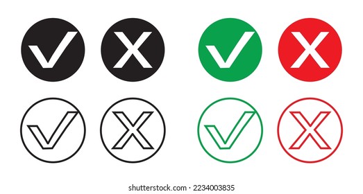 Check list and cancel icon ; simple, vector, illustration, flat design ;isolated in white background ; colored black, white, green and red