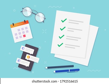 Check list checkmarks as to do task form paper sheet on desk table vector, completed things done, time manager illustration, paper note with ticks and text flat lay on workplace office