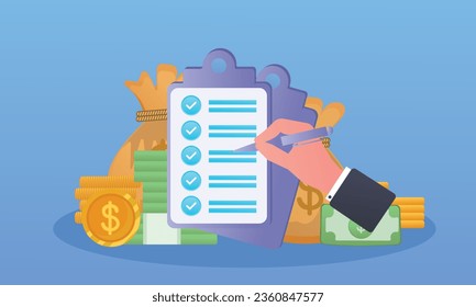 Check list with clipboard checkmark pile of coins.on blue background.Vector Design Illustration.