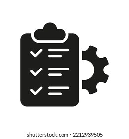 Checken Sie List und Cog Wheel Management Plan Silhouette Piktogramm. Zahnrad, Zwischenablage, Pencil Projekt Einstellung Checkliste Schwarzes Symbol. Steuerelementsymbol Einzelne Vektorgrafik.
