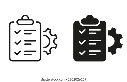 Compruebe el plan de gestión de la rueda de la lista y la línea y el conjunto de iconos de la línea. Engranaje, Portapapeles, Lápiz Proyecto Establecer Colección de símbolos de lista de verificación. Firma del documento de control. Ilustración de vectores aislados.