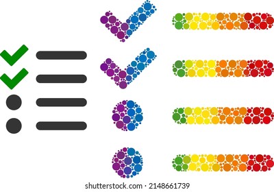 Check list collage icon of round dots in variable sizes and spectrum colorful color tinges. A dotted LGBT-colored check list for lesbians, gays, bisexuals, and transgenders.