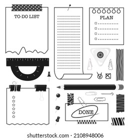 Check list collection. Stationery decorated pieces of paper with check marks and space for text. Weekly, daily planners, note paper, sticker templates. Vector illustration. Isolated elements.