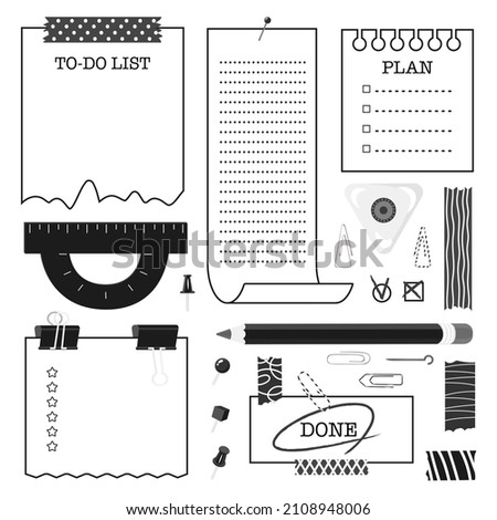 Check list collection. Stationery decorated pieces of paper with check marks and space for text. Weekly, daily planners, note paper, sticker templates. Vector illustration. Isolated elements.