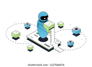Comprobar el concepto de lista. Inteligencia artificial, innovación futurista, desarrollo tecnológico. Auxiliar para trabajar con estadísticas, análisis de información, verificación. Dibujo vectorial plano de dibujos animados