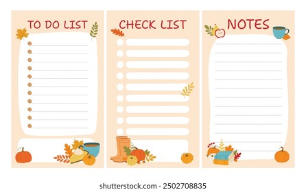 Check list, to do list, notes templates set. Vector illustration with autumn elements for planner.	