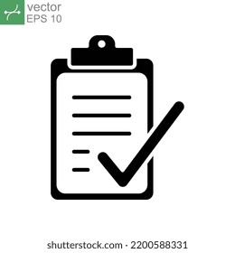 Check list document glyph icon. Clipboard, paper and check mark. office note approval, notepad, contract form, survey test solid style pictogram Vector illustration. Design on white background. EPS 10