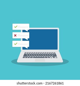 Check list document on laptop, laptop with check list and to do list with checkboxes, concept of survey, online quiz, completed things or done test, feedback.