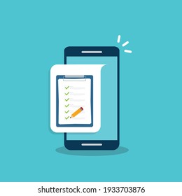 Check list document on smartphone, smartphone with paper check list and to do list with checkboxes, concept of survey, online quiz, completed things or done test, feedback.