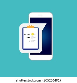 Check list document on smartphone, smartphone with paper check list and to do list with checkboxes, concept of survey, online quiz, completed things or done test, feedback.
