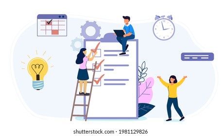 Check list with done mard Successful completion of business tasks Flat vector illustration Questionnaire survey for people to give answer Business organization and achievements of goals