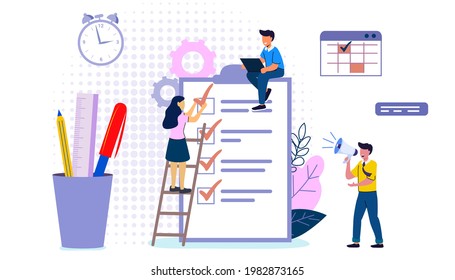 Check list with done mard Successful completion of business tasks Flat vector illustration Questionnaire survey for people to give answer Business organization and achievements of goals