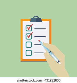 Check List Flat Icon with hand holding pen. Vector illustration