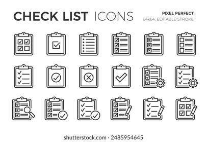 Check list flat line icons set, pixel perfect, editable stroke, vector eps10 illustration