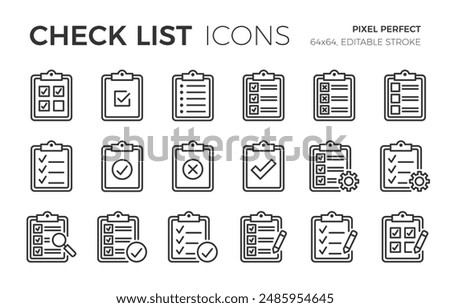 Check list flat line icons set, pixel perfect, editable stroke, vector eps10 illustration