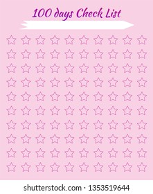 Check list. Habit for 100 days. Stars for marks. Pink background. Scheduler. Tracker Habits