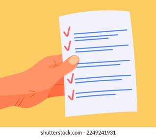Comprobar la lista con la mano sobre fondo amarillo brillante. Ilustración vectorial del plan con marcas de verificación de estilo plano. Propuesta de cumplimentar el cuestionario