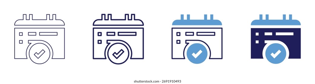 Check in list icon in 4 different styles. Thin Line, Line, Bold Line, Duotone. Duotone style. Editable stroke.