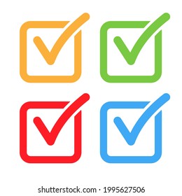 Check list icon box. Checkmark right vector shape sign. Correct mark vote symbol. Red green blue orange colors