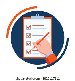 Check list icon - circular frame, paper with tick marks and hand with pencil - isolated vector illustration