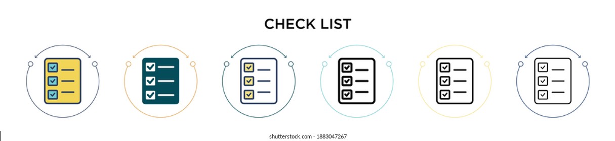 Marque el icono de la lista en el estilo relleno, delgado, contorno y trazo. Ilustración vectorial de dos iconos vectoriales de lista de verificación en color y negro se pueden utilizar para móviles, ui, web