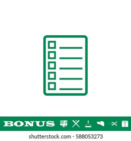 Check list icon flat. Green pictogram on white background. Vector illustration symbol and bonus button