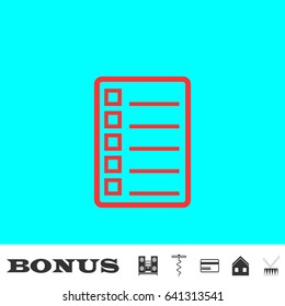 Check list icon flat. Red pictogram on blue background. Vector illustration symbol and bonus buttons Music center, corkscrew, credit card, house, drum