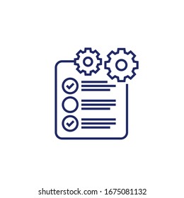 icono de lista de comprobación con engranaje, vector de línea de ejecución del proyecto