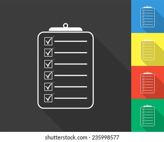check list icon - gray and colored (blue, yellow, red, green) vector illustration with long shadow