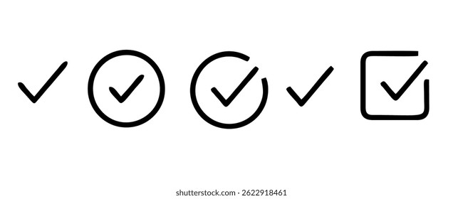 Conjunto de iconos de lista de comprobación. Símbolo aprobado, marca de Casilla de verificación comprobada, conjunto de marcas de verificación, línea editable.