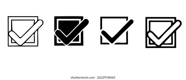 Conjunto de iconos de lista de comprobación. Símbolo aprobado, marca de Casilla de verificación comprobada, conjunto de marcas de verificación, línea editable.