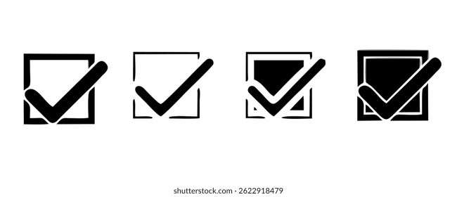 Conjunto de iconos de lista de comprobación. Símbolo aprobado, marca de Casilla de verificación comprobada, conjunto de marcas de verificación, línea editable.