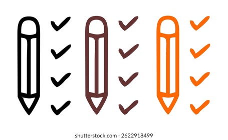 Conjunto de iconos de lista de comprobación. Símbolo aprobado, marca de Casilla de verificación comprobada, conjunto de marcas de verificación, línea editable.