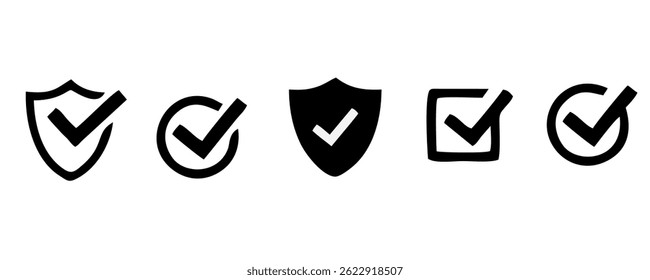 Conjunto de iconos de lista de comprobación. Símbolo aprobado, marca de Casilla de verificación comprobada, conjunto de marcas de verificación, línea editable.