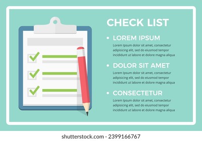 Check list icon with three check boxes and red pencil with place for your text, vector eps10 illustration