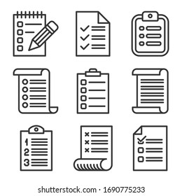 Compruebe el conjunto de iconos de lista en fondo blanco. Vector de estilo de línea