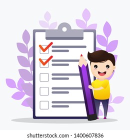 Check list illustration. Man worker standing in front of check list on a clipboard paper. illustration, vector.