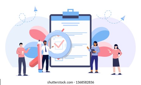 Check list illustration. People creating plan and checking. Successful execution of tasks from the to check list. To do list concept. Completion tasks. Vector illustration flat design.