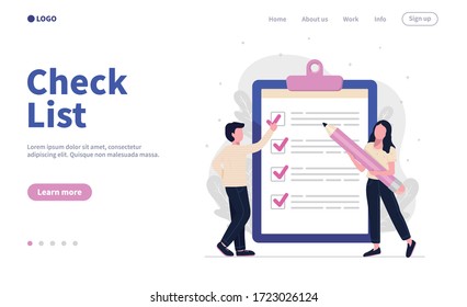 Check list landing page. Little people fill out form. Concept for time and project management. Big pencil. Modern web banner, Template, Infographic, Website. Isolated flat vector design illustration.