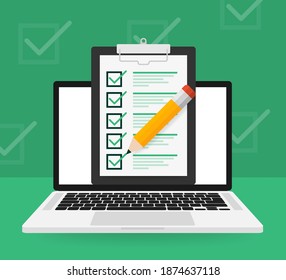 Check List laptop on green background. Checkmark sign. Vector illustration.