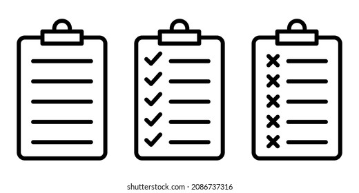 Check list linear icon. Clipboard with check marks and cross. Vector illustration. Set of linear icons