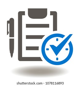 Check List Check Mark Pen Clock Icon Vector. Time Compliance Business Illustration. Test Logo Symbol.