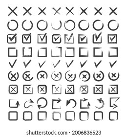 Check List Marks. Chalk Brushes Drawing Checklist Icons, Marker Scribble Checkbox Tick Collection, Pen Sketchy Doodling Marks, Handwritten Checkmarks Isolated Items