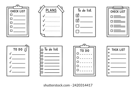 Check list, memory note paper doodle set. Reminder, to do list, notebook with plan, task and checkboxes in sketch style. Hand drawn vector illustration isolated on white background