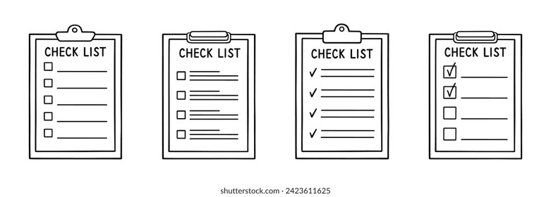 Check list, memory note paper doodle set. Reminder, to do list, notebook with plan, task and checkboxes in sketch style. Hand drawn vector illustration isolated on white background