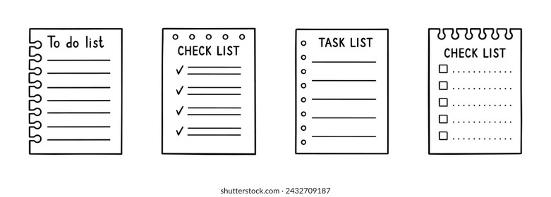 Check list, memory note paper doodle set. Reminder, to do list, notebook with plan, task and checkboxes in sketch style. Hand drawn vector illustration isolated on white background